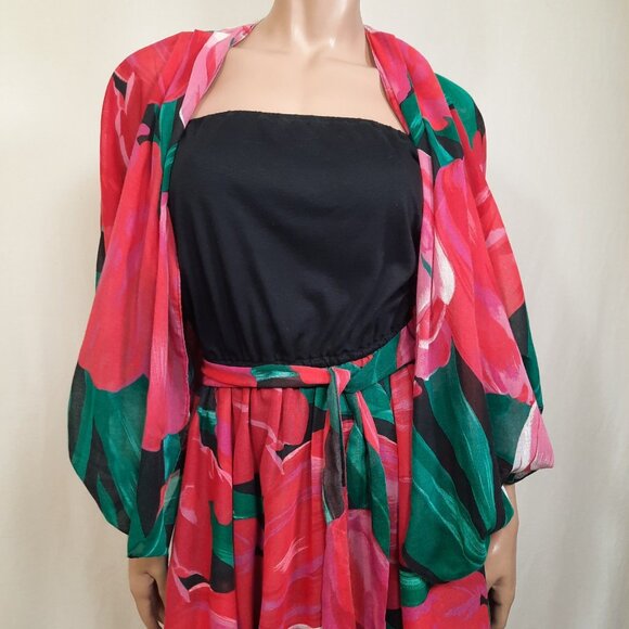 Vintage 80 Sundress Jacket Set size M Large Floral Print Tiered Strapless Midi - Picture 3 of 10